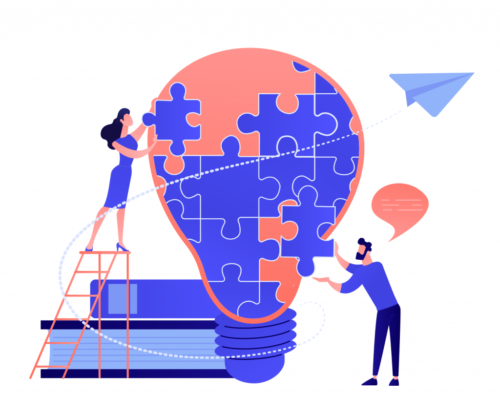 A couple assembles puzzle pieces in a light bulb to promote their online business growth through digital marketing.