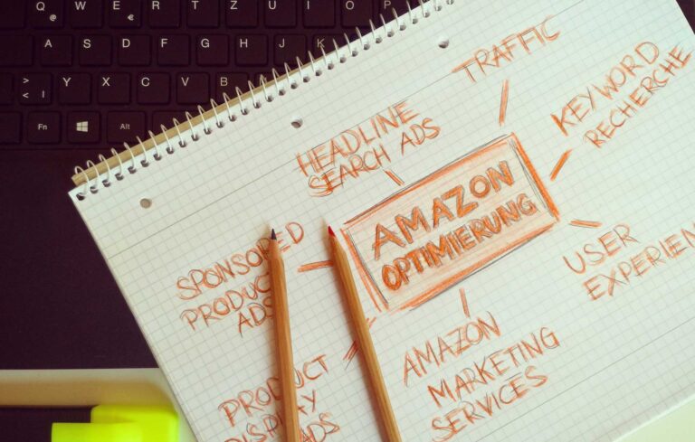 A laptop with a notepad showcasing "Business Grow Online" and "Branding" next to an Amazon marketing logo.