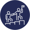 A website design featuring a line icon of a person holding a flag on a ladder.