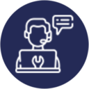 A website design featuring a white icon of a man engaged in laptop communication.
