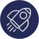 A website design featuring a rocket icon in a circle on a dark background.