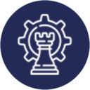 A chess piece icon in a circular shape on a blue background for website design.